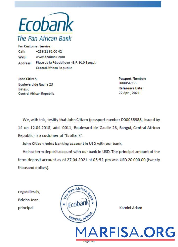 Printable Central Africa Ecobank reference template